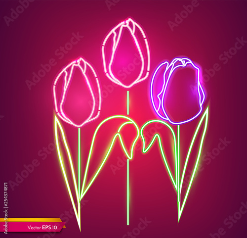 Tulip flowers neon light Vector. Vintage board. Glowing bouquet. Shiny Neon L...