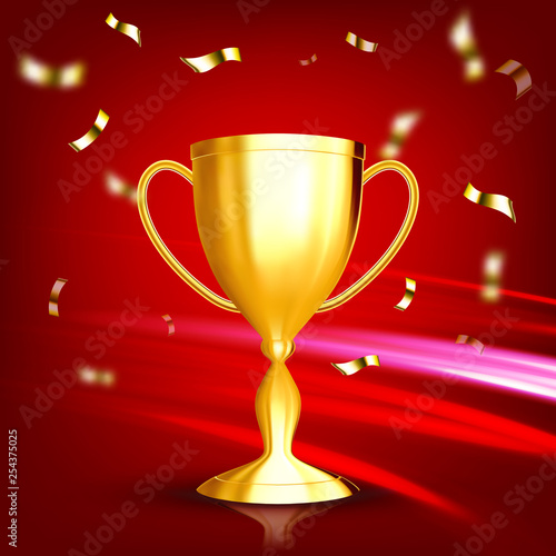 Award Golden Cup Vector. Game Medal. Celebration Ceremony. Competition Symbol. Gilded Metal Object. Leader Tag. Athlete Power. 3D Realistic Illustration