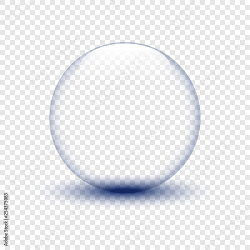 Glass bowl with shadow on isolated background. Water drop. Glass sphere. Bubble