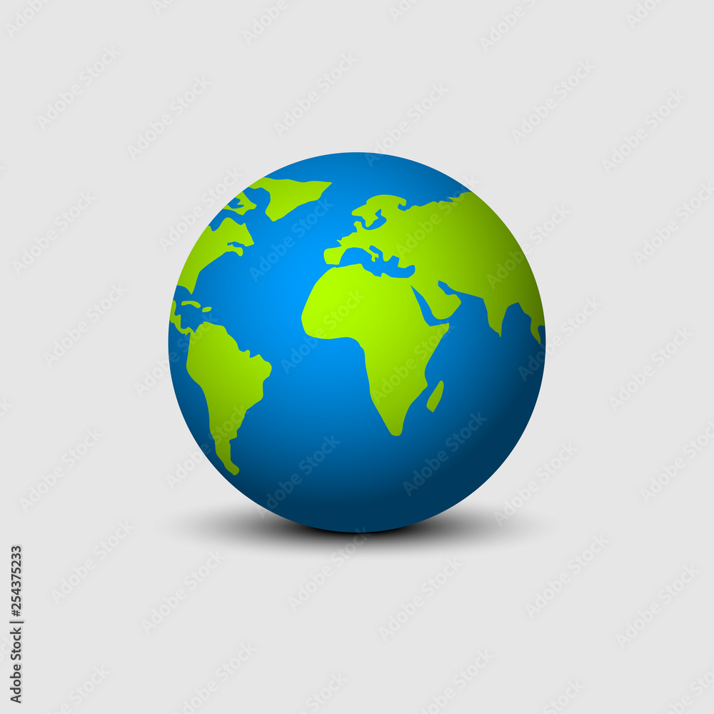 Earth globe isolated with shadow in flat design. Earth globe green and blue colors. Earth map circle