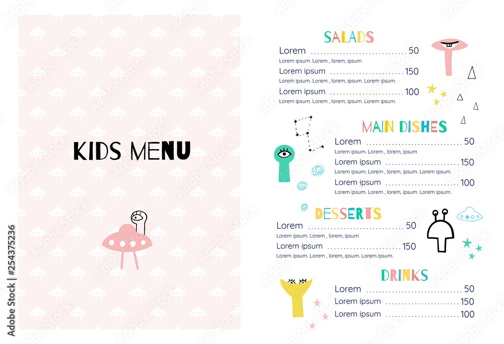 Children's menu in the space style template. Funny aliens, UFO and planets