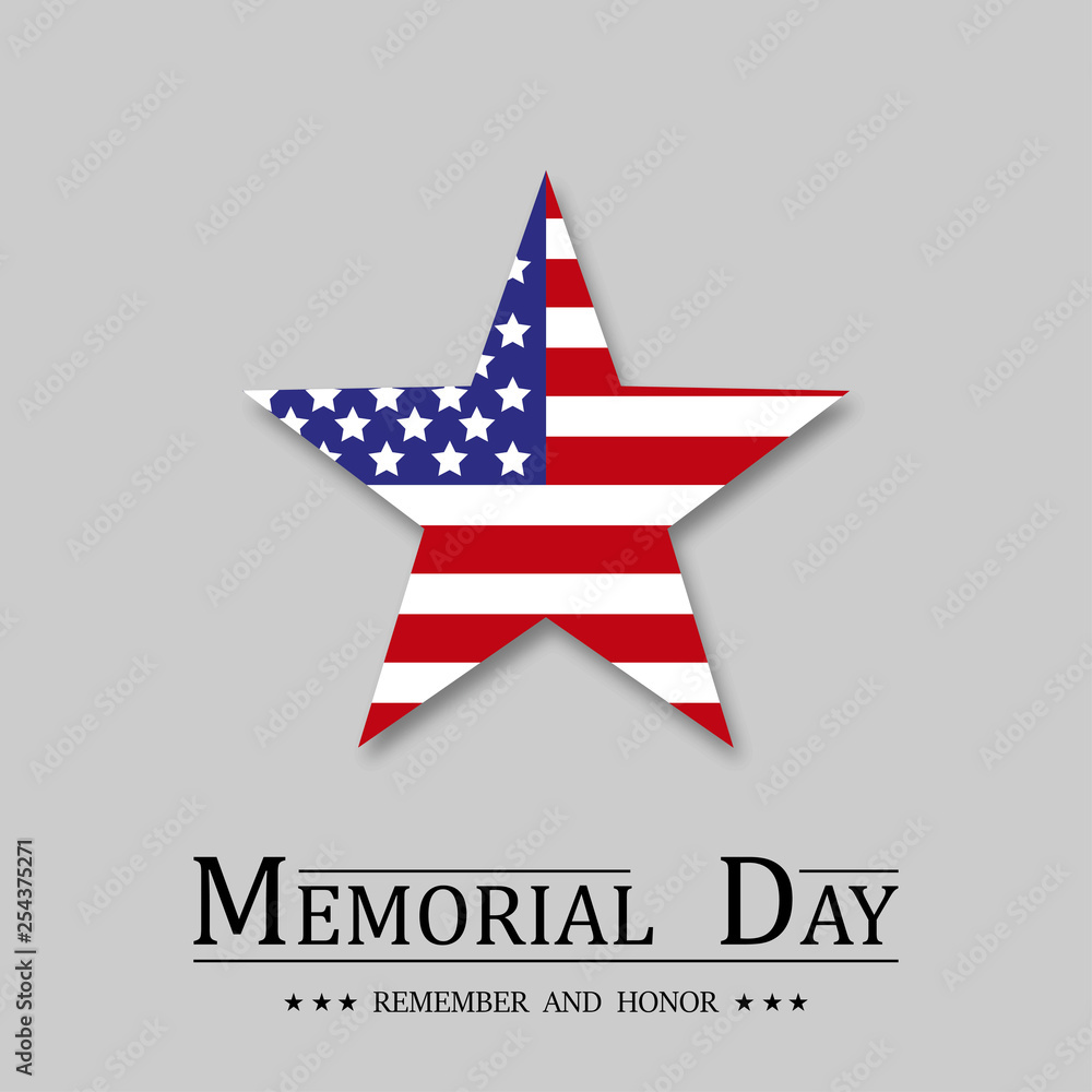 Memorial Day. USA flag with Star and shadow in flat design on light background