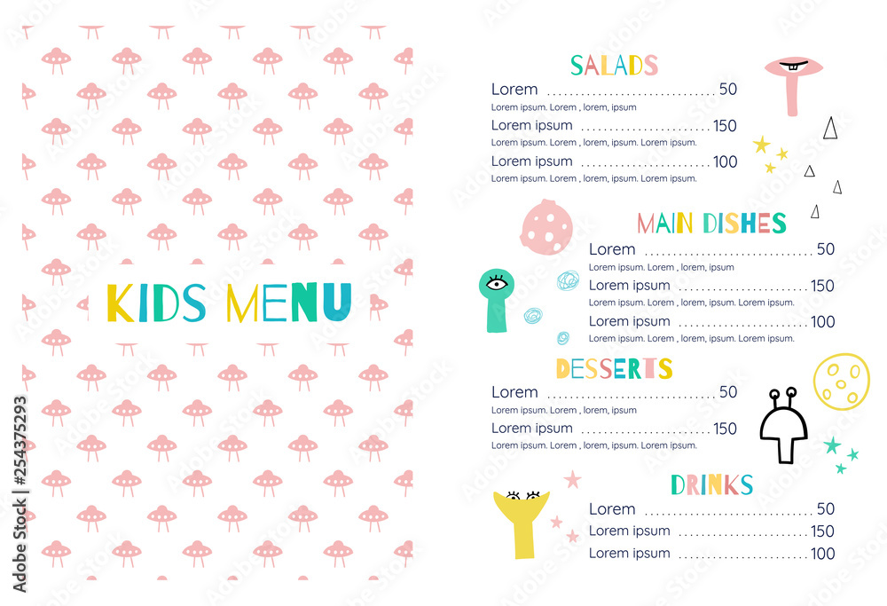 Obraz premium Kids menu in the space style. Funny aliens, UFO and stars