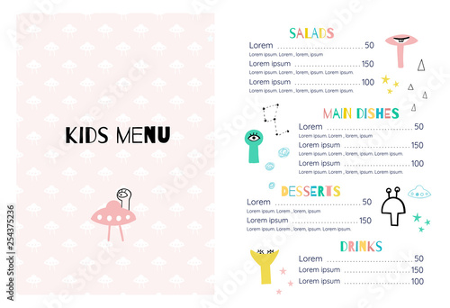 Children's menu in the space style template. Funny aliens, UFO and planets