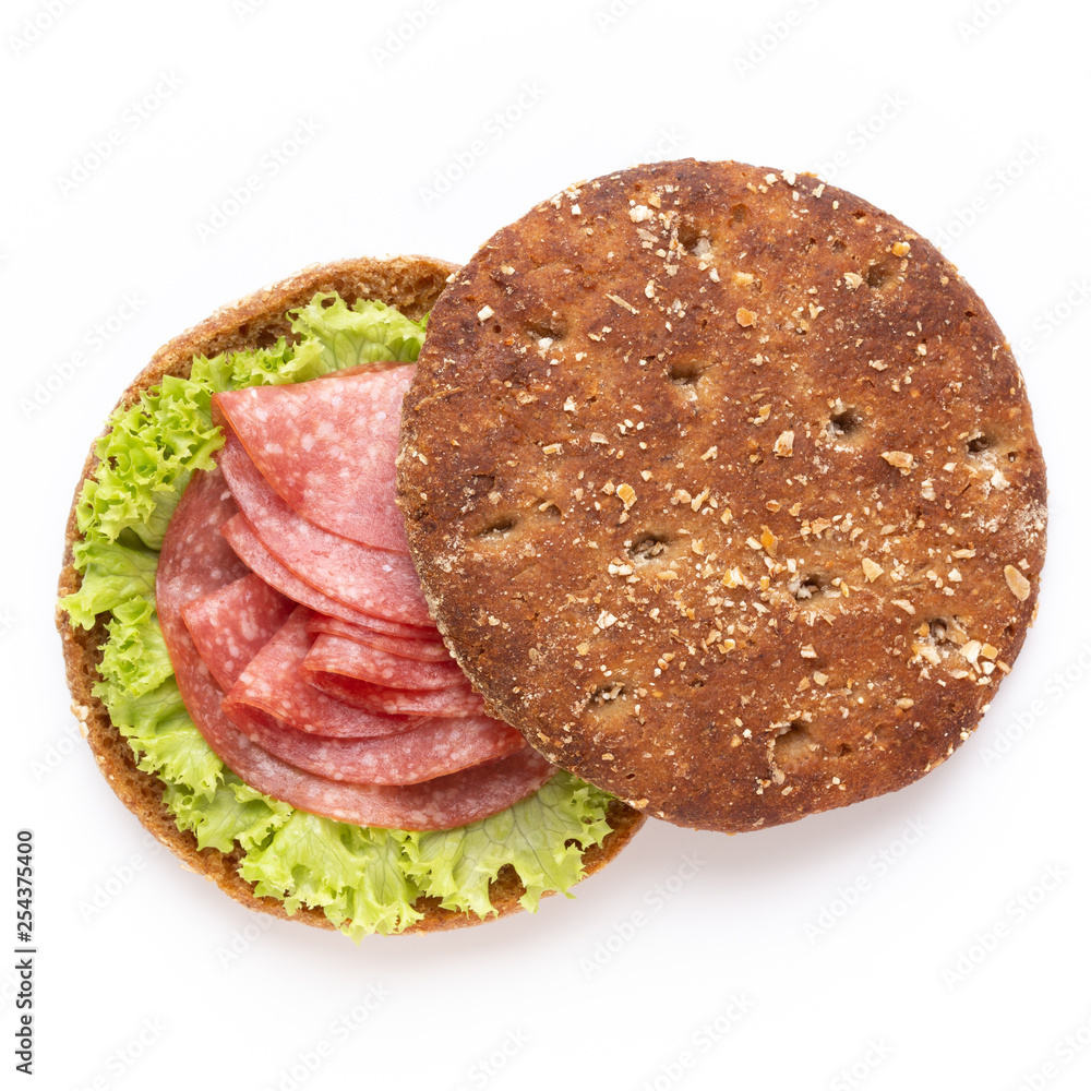 Sandwich with salami sausage on white background. Sandwich with salami sausage on white background.