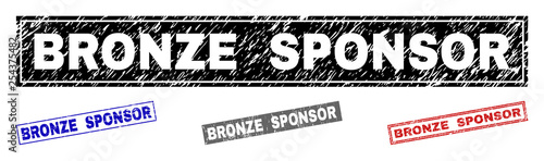 Grunge BRONZE SPONSOR rectangle stamp seals isolated on a white background. Rectangular seals with grunge texture in red, blue, black and grey colors.