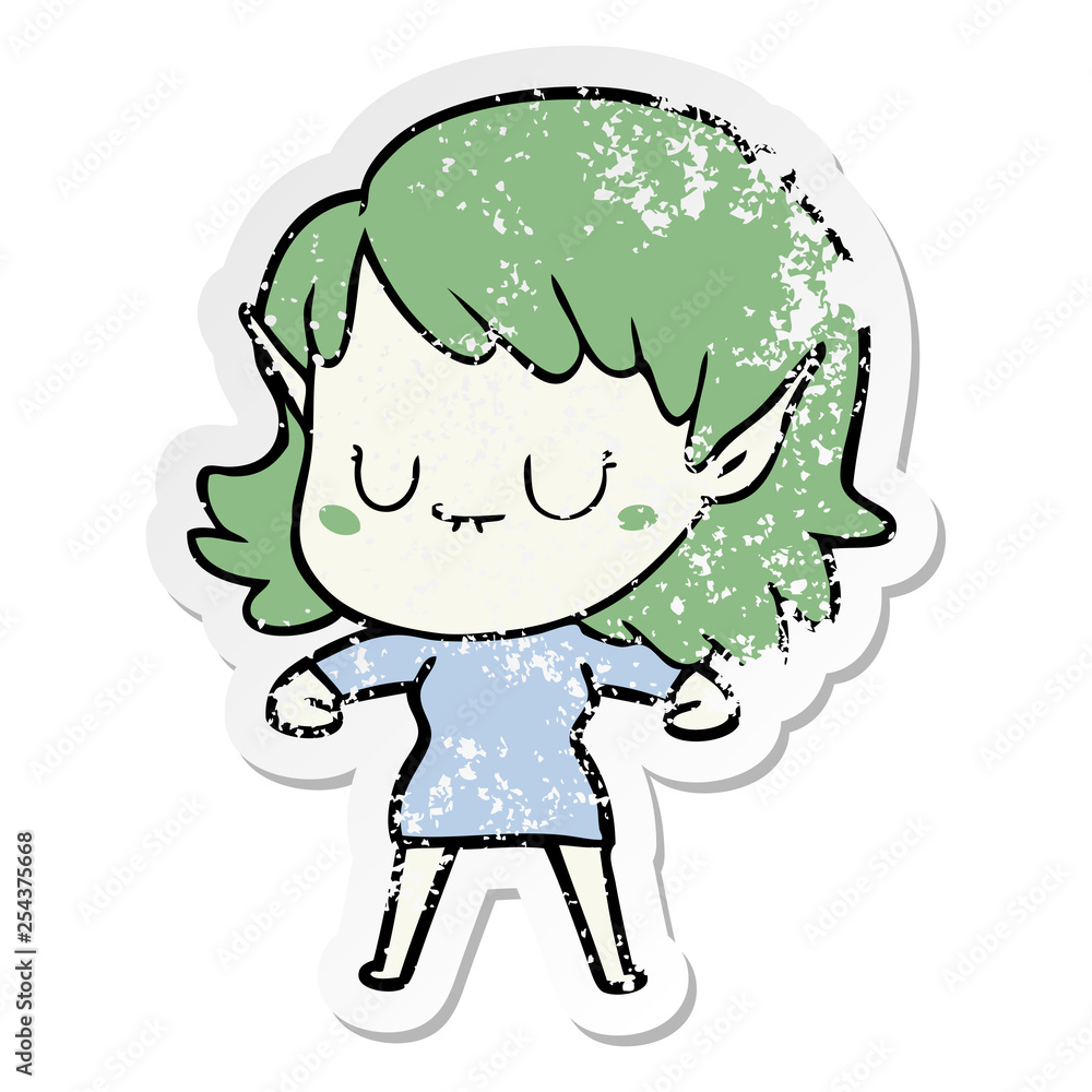 distressed sticker of a happy cartoon elf girl distressed sticker of a happy cartoon elf girl