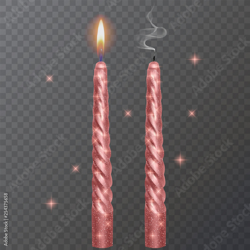 Realistic candle, Burning Red candle and an extinct candle with glittering texture on dark background, vector illustration