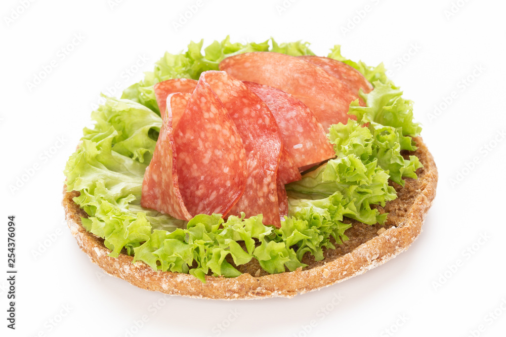 Sandwich with salami sausage on white background. Sandwich with salami sausage on white background.