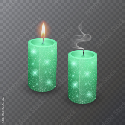 Realistic candle, Burning Green candle and an extinct candle with glittering texture on dark background, vector illustration