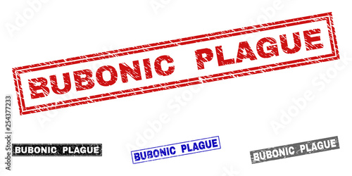 Grunge BUBONIC PLAGUE rectangle stamp seals isolated on a white background. Rectangular seals with grunge texture in red, blue, black and grey colors.