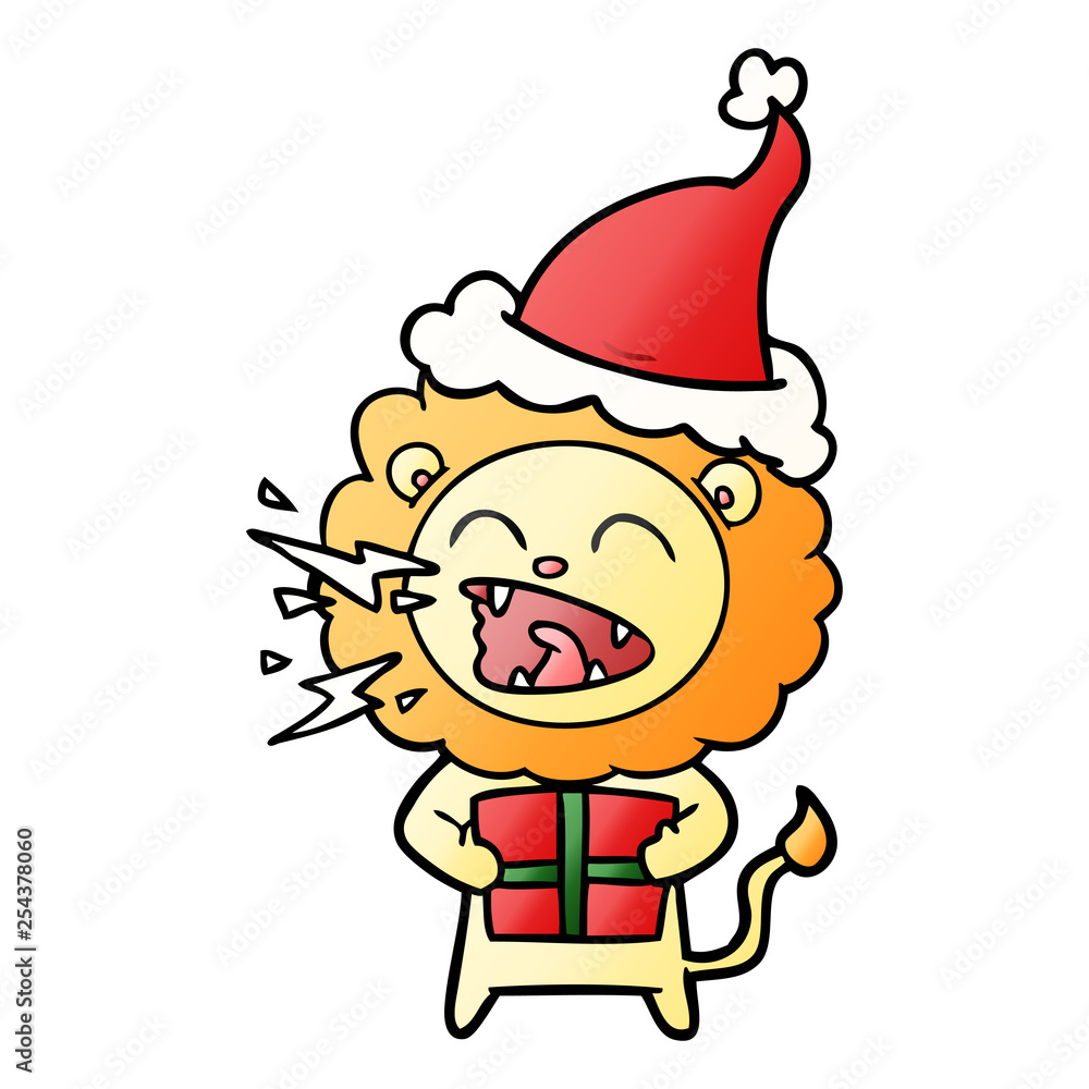 gradient cartoon of a roaring lion with gift wearing santa hat gradient cartoon of a roaring lion with gift wearing santa hat