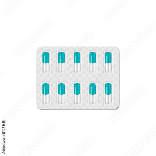 Medical capsules in blister pack isolated on white background. Pills packaging, vector template