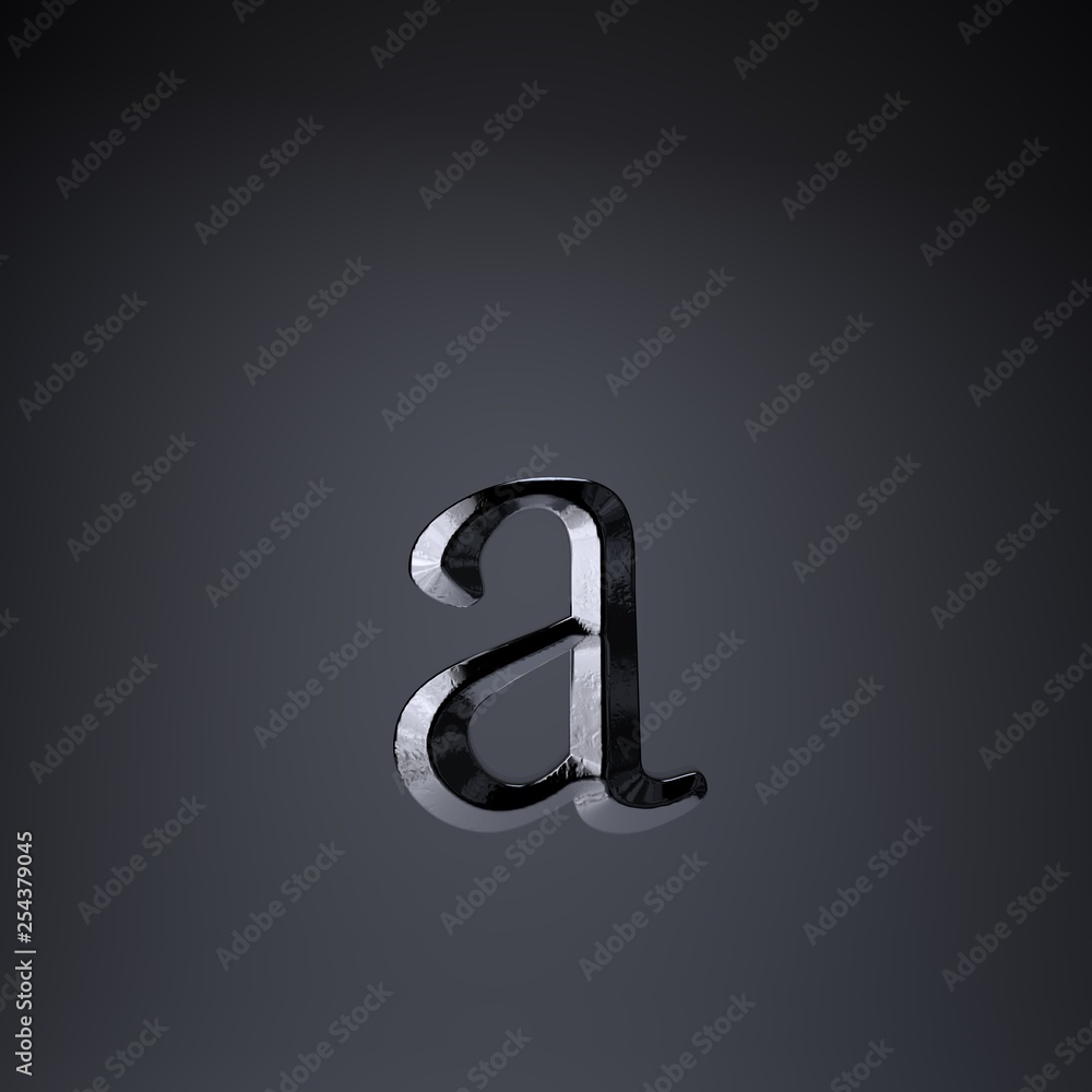 Chiseled iron letter A lowercase. 3d render game or movie title font isolated on black background. Chiseled iron letter A lowercase. 3d render game or movie title font isolated on black background.