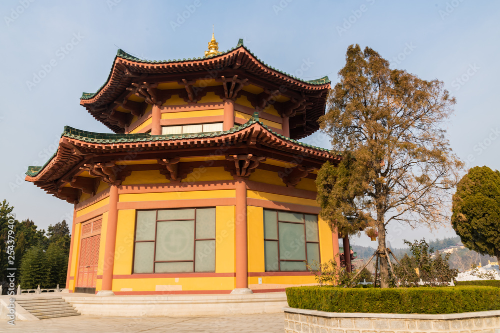 traditional Chinese architecture and  pavilion in the complex of nanshan temple at longkou City in Lushan Mountain in Shandong Province of China