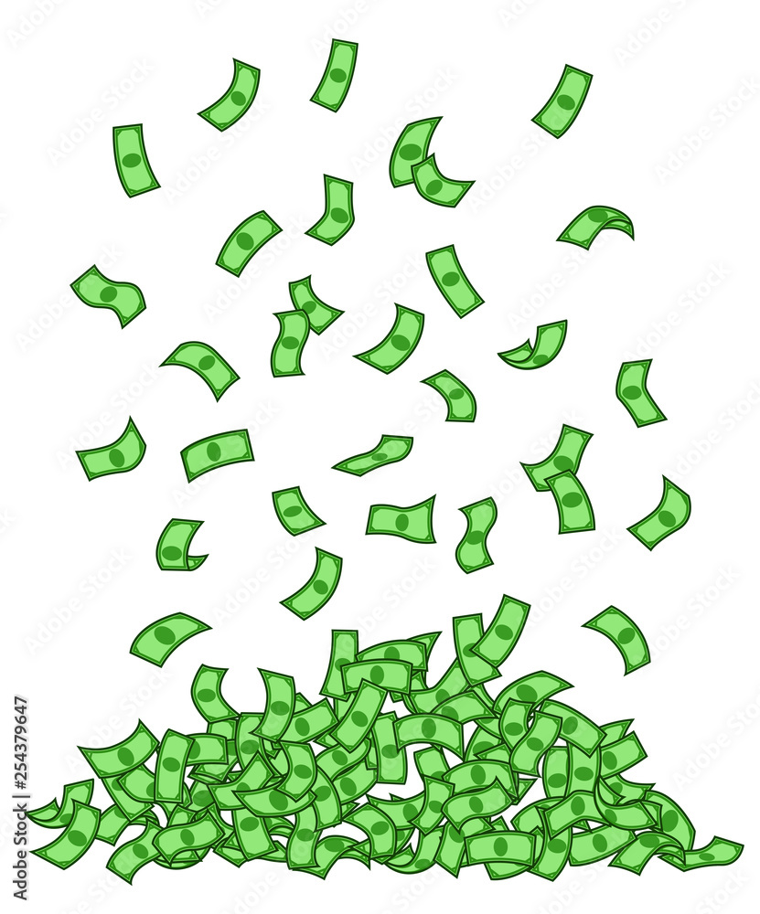 Green banknotes rain vector illustration. Dollars falling isolated design element. Green banknotes rain vector illustration. Dollars falling isolated design element.