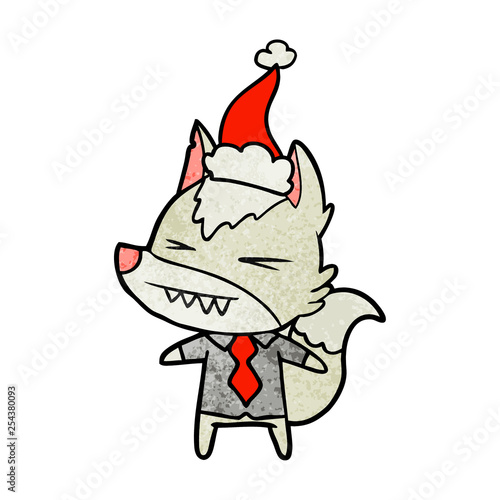 angry wolf boss textured cartoon of a wearing santa hat