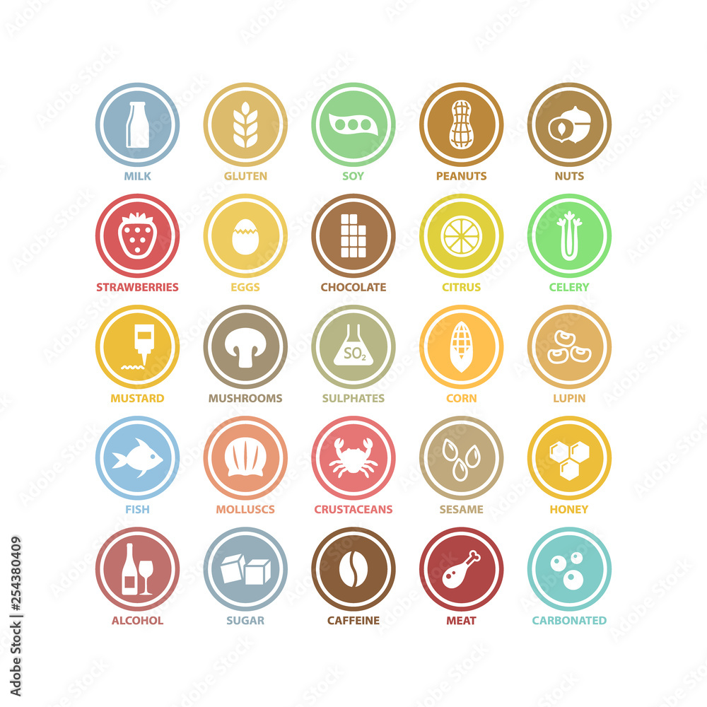 Food ingredients vector white circle signs in colorful labels. Food