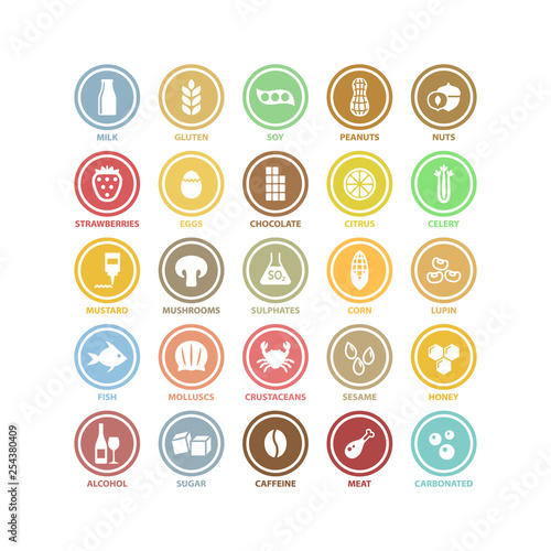 Food ingredients vector white circle signs in colorful labels. Food ingredient products symbols sticker label set.