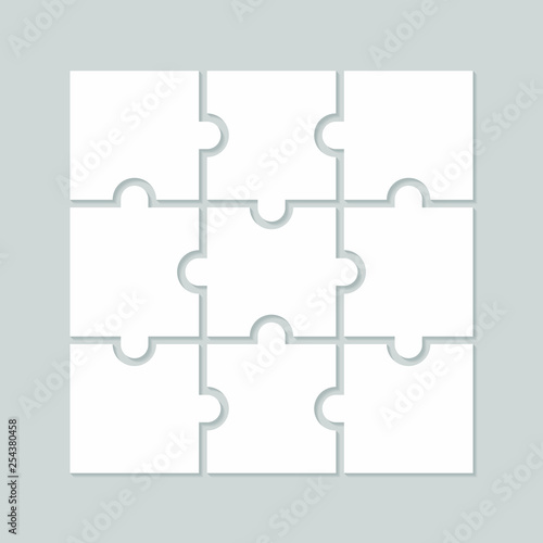 Nine blank puzzle pieces. Puzzle for web, information or presentation design, infographics. White puzzle on gray background. Vector illustration photo