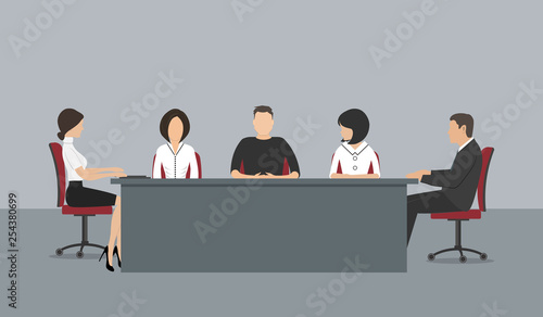 Office workers during a meeting. Employees are sitting at the table in the office. People without a face in the image. Business people icons. Conference hall. Vector