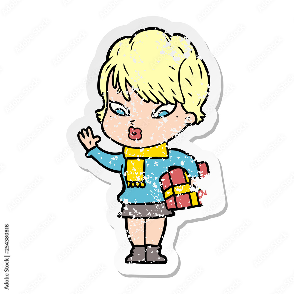 distressed sticker of a cartoon woman distressed sticker of a cartoon woman