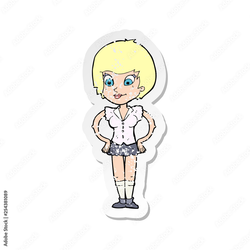 retro distressed sticker of a cartoon pretty woman with hands on hips retro distressed sticker of a cartoon pretty woman with hands on hips