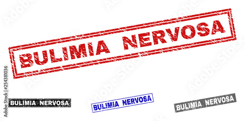 Grunge BULIMIA NERVOSA rectangle stamp seals isolated on a white background. Rectangular seals with grunge texture in red, blue, black and grey colors.