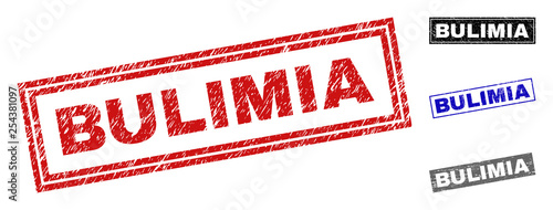 Grunge BULIMIA rectangle stamp seals isolated on a white background. Rectangular seals with grunge texture in red, blue, black and gray colors.