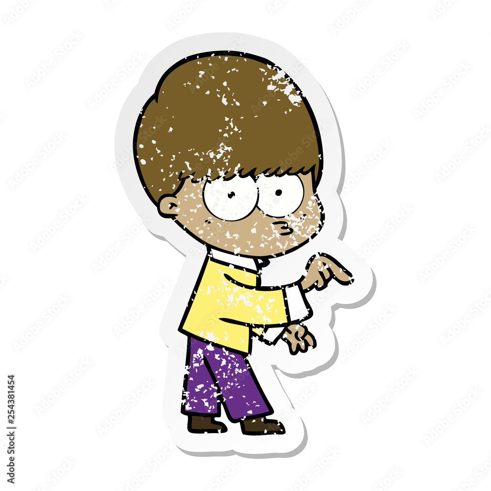 distressed sticker of a nervous cartoon boy distressed sticker of a nervous cartoon boy