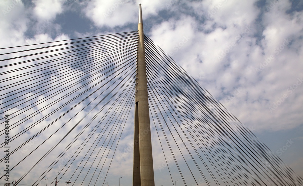 Tower Bridge at Ada Belgrade. Cables at tower provide bridge construction. High pylon. Tower Bridge at Ada Belgrade. Cables at tower provide bridge construction. High pylon.