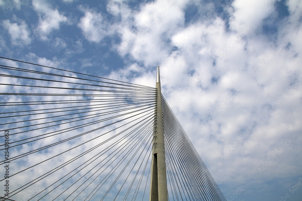 Tower Bridge at Ada Belgrade. Cables at tower provide bridge construction. High pylon. Tower Bridge at Ada Belgrade. Cables at tower provide bridge construction. High pylon.
