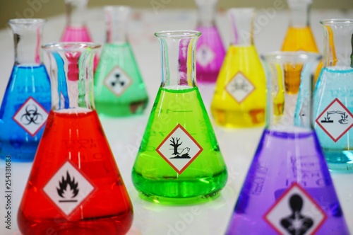 Many of Erlenmeyer flask with colorful solution and Variety type of chemical hazard warning symbols labels. Focus on Hazardous to the environment sign,symbol.