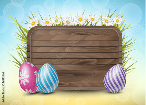Easter wooden sign with painted 3d realistic eggs in green glass and flowers on yellow and blue bokeh backdrop. Vector illustration.