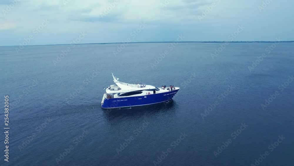 Luxury ship sailing tranquil sea. Aerial landscape of yacht racing sea bay Luxury ship sailing tranquil sea. Aerial landscape of yacht racing sea bay