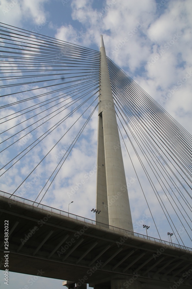 Tower Bridge at Ada Belgrade. Cables at tower provide bridge construction. High pylon.