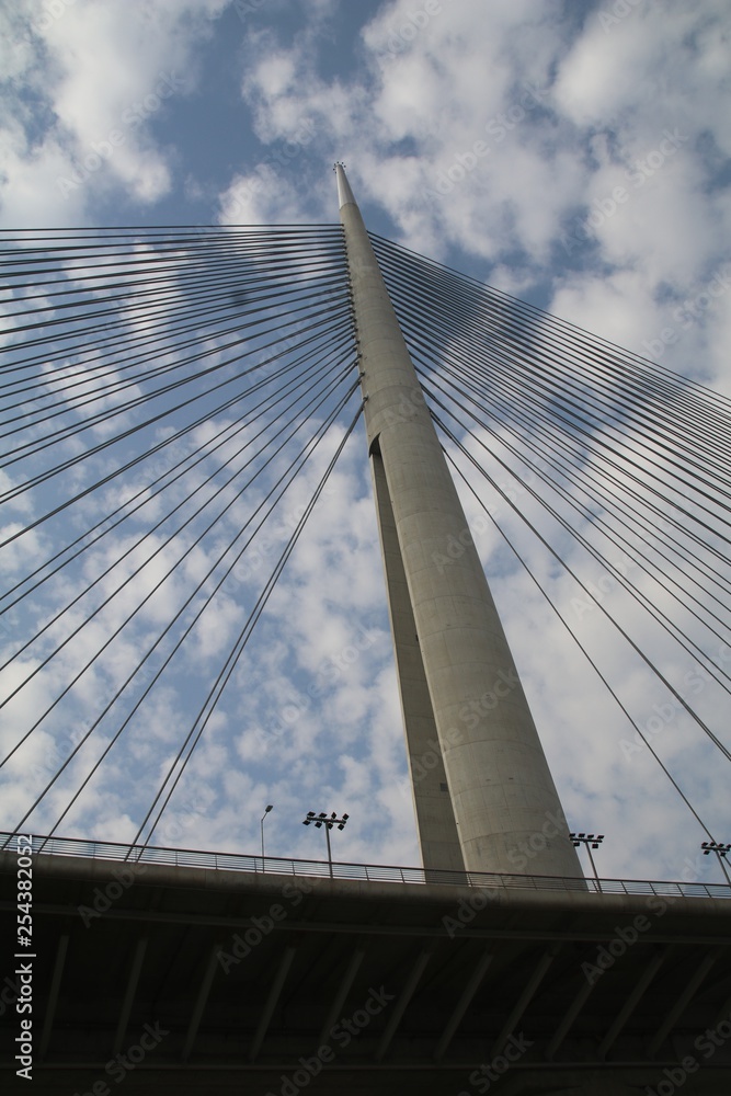 Tower Bridge at Ada Belgrade. Cables at tower provide bridge construction. High pylon. Tower Bridge at Ada Belgrade. Cables at tower provide bridge construction. High pylon.