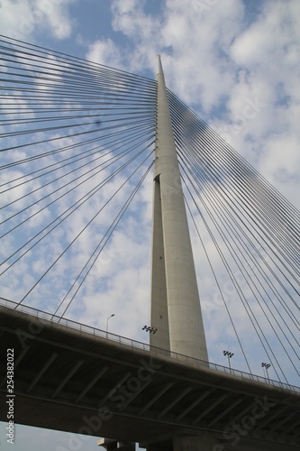 Fototapeta Naklejka Na Ścianę i Meble -  Tower Bridge at Ada Belgrade. Cables at tower provide bridge construction. High pylon.