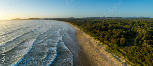 Ocean coastline at dawn in Australia. Aerial panorama with clear sky and copy space
