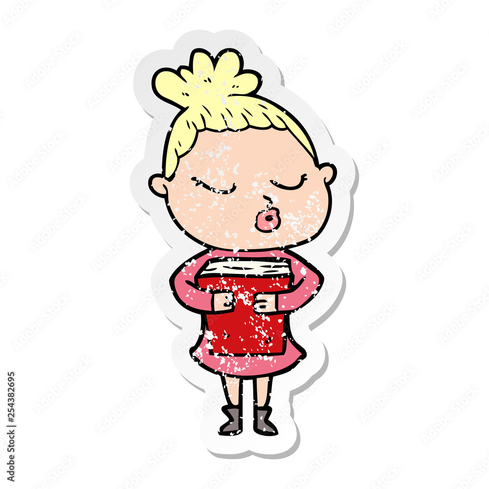 distressed sticker of a cartoon calm woman distressed sticker of a cartoon calm woman