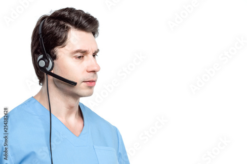 Operator of the medical call center man isolated on white.