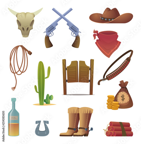 Wild west icon. Cowboys country western symbols saloon boots rodeo lasso vector cartoon collection. Illutsration of wild west, gun and hat, horseshoe and lasso
