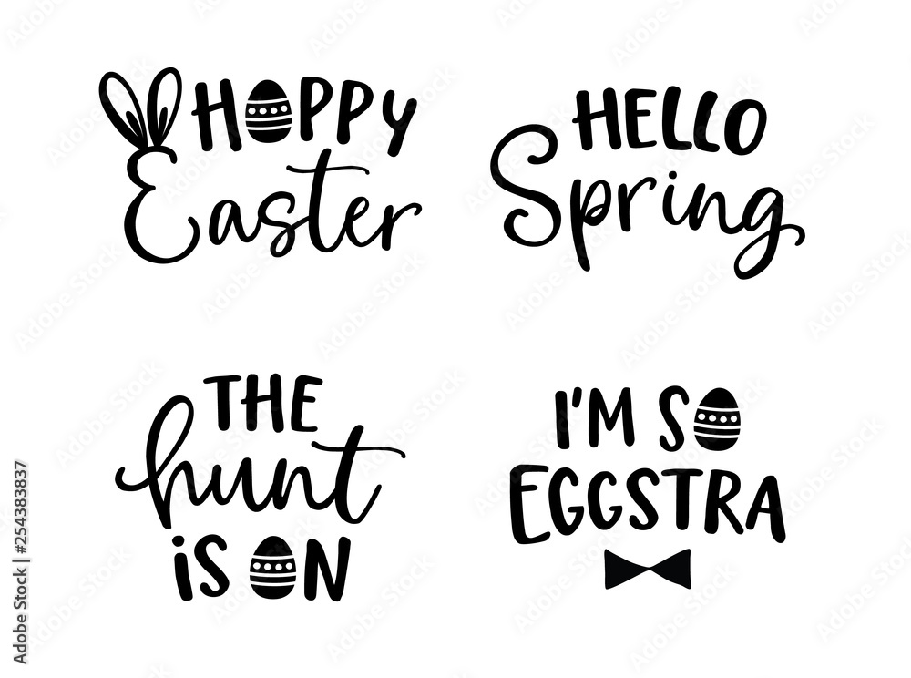 Happy Easter lettering set. Black hand lettered quotes with eggs for greeting cards, gift tags, labels, T-shirts. Typography collection. Spring and Easter egg hunt concept. Isolated vectors.