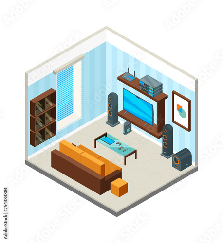 Living room interior. Entertainment home theatre table console tv set computer audio system vector isometric picture. Illustration of living room, home interior with audio tv system