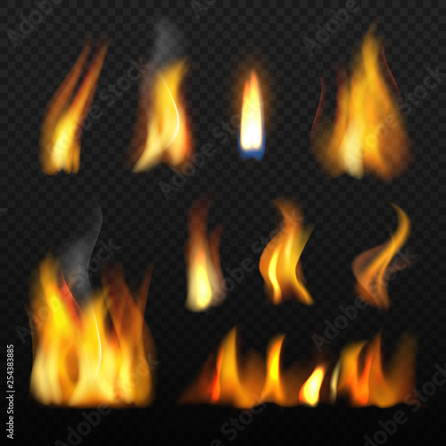 Fire realistic. Red orange tongue of flame blazing 3d vector collection on transparent background. Illustration of light heat, hot and blaze burn