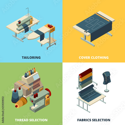 Sewing production. Textile manufacturing concept vector pictures industrial sewing machines isometric. Illustration of tailoring industry, manufacturing and dressmaking