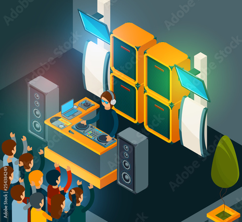 Dj on scene. Entertainment party music happy crowd singing dancing electro music from speakers. Dj music party, disco scene, nightclub festival illustration
