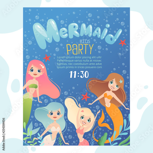 Mermaid party invitation. Design template invite kids birthday cards with funny underwater characters fish and young mermaid princess. Mermaid girl with seaweed aquatic illustration