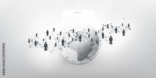 Global Networks, Business Connections, Social Media Concept Design with Group of Connected People, Earth Globe and Smartphone 