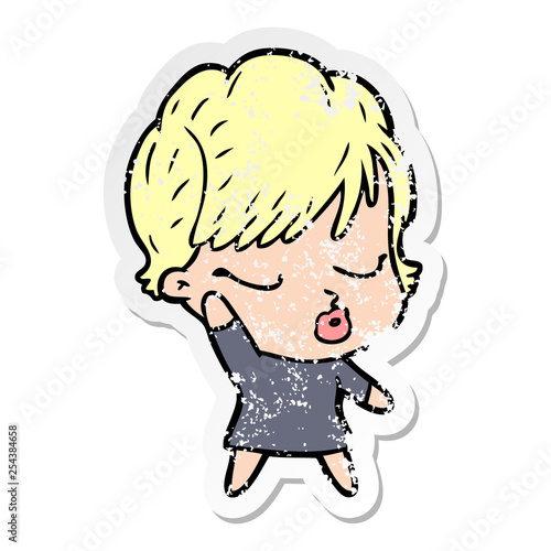distressed sticker of a cartoon woman with eyes shut